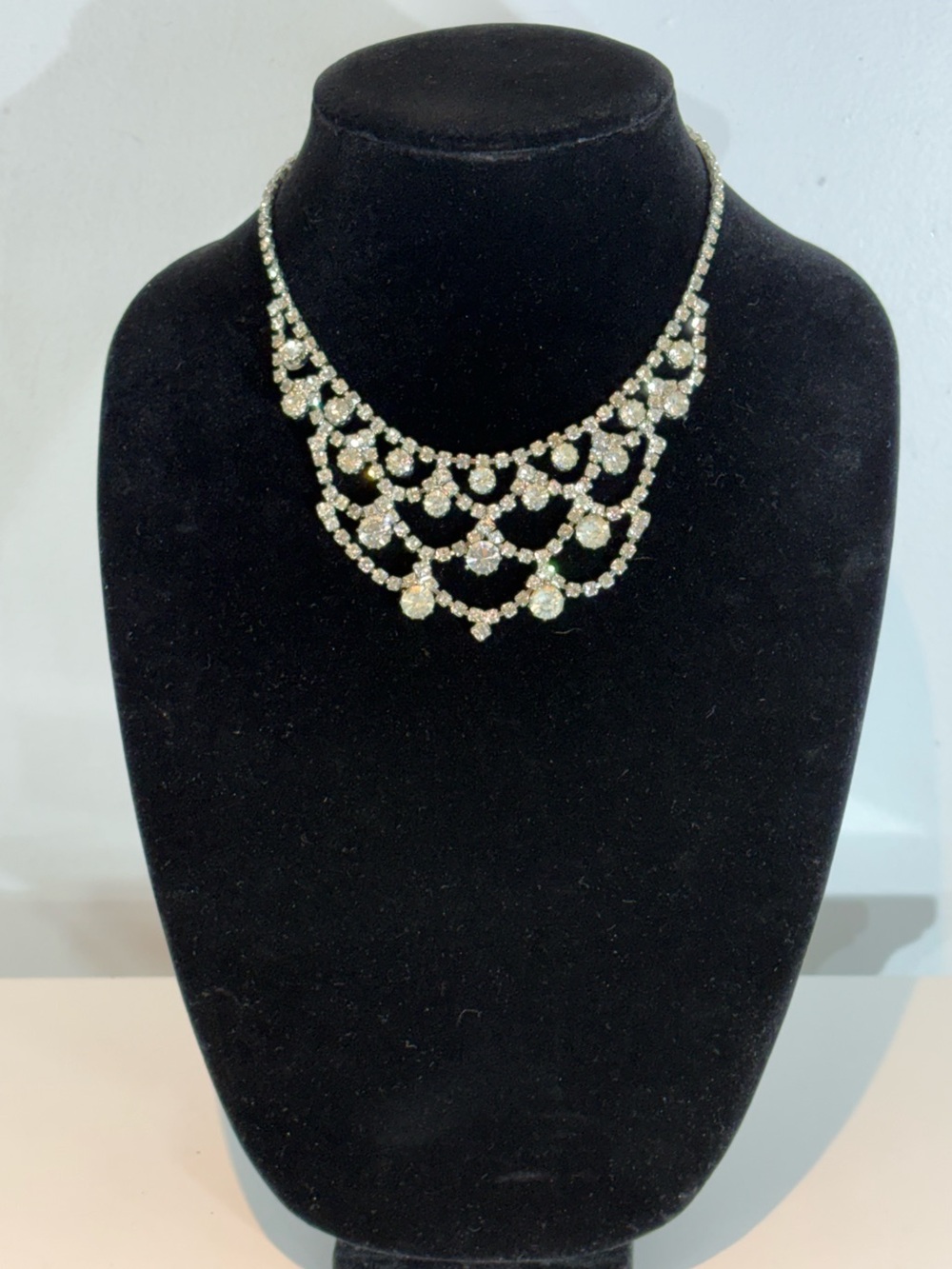 Vintage Rhinestone Bib Statement Necklace Silver Tone 15” Bridal Prom